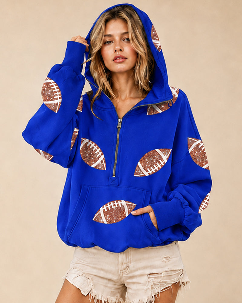 Oversized Sequin Football Half-Zip Game Day Hoodie