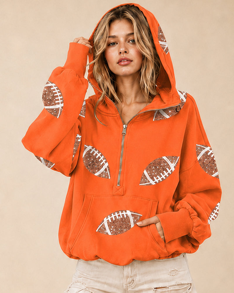 Oversized Sequin Football Half-Zip Game Day Hoodie
