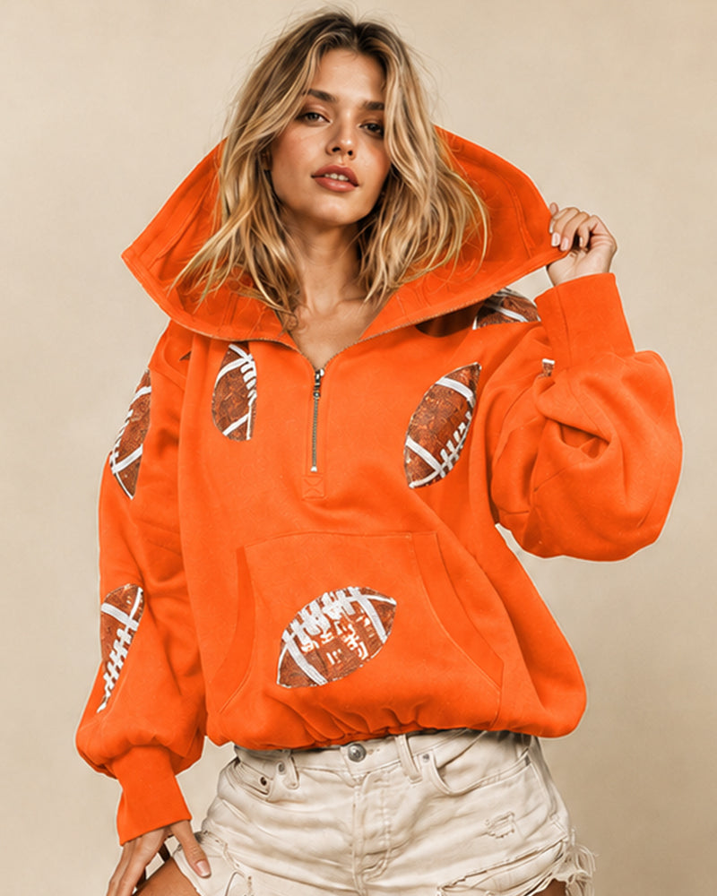 Oversized Sequin Football Half-Zip Game Day Hoodie