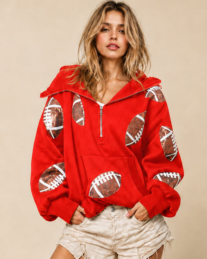 Oversized Sequin Football Half-Zip Game Day Hoodie