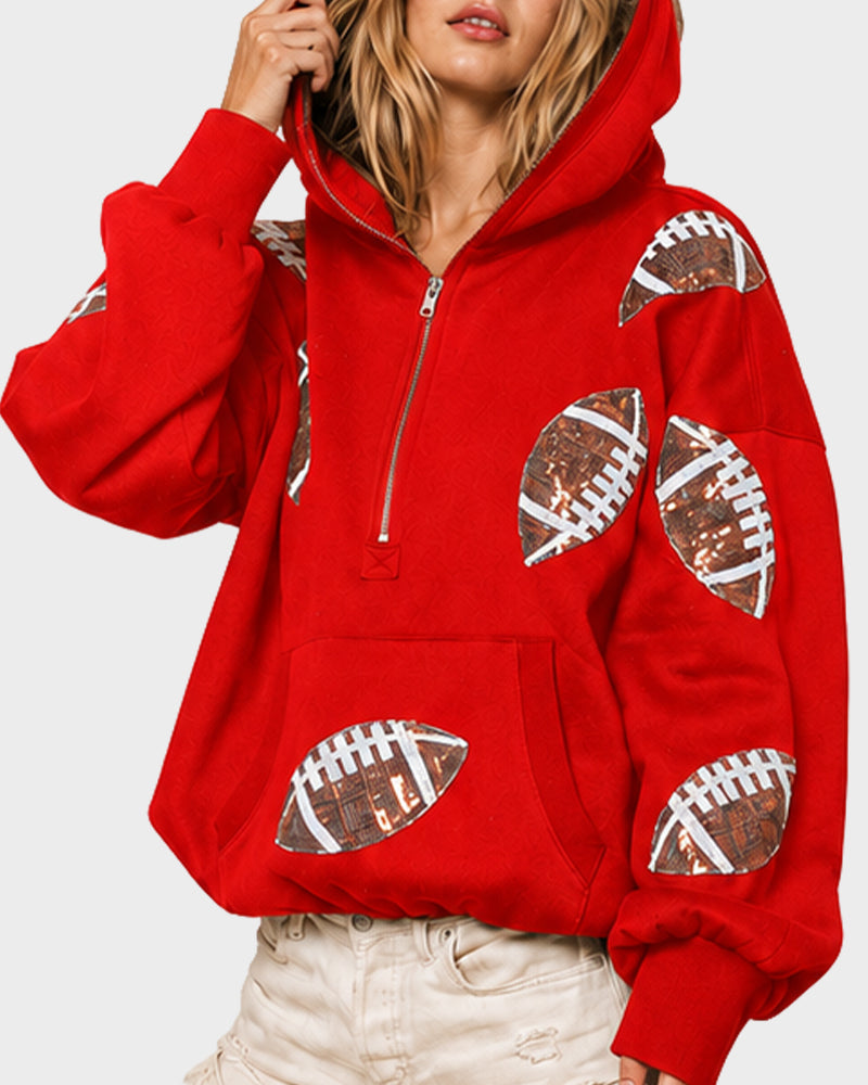 Oversized Sequin Football Half-Zip Game Day Hoodie