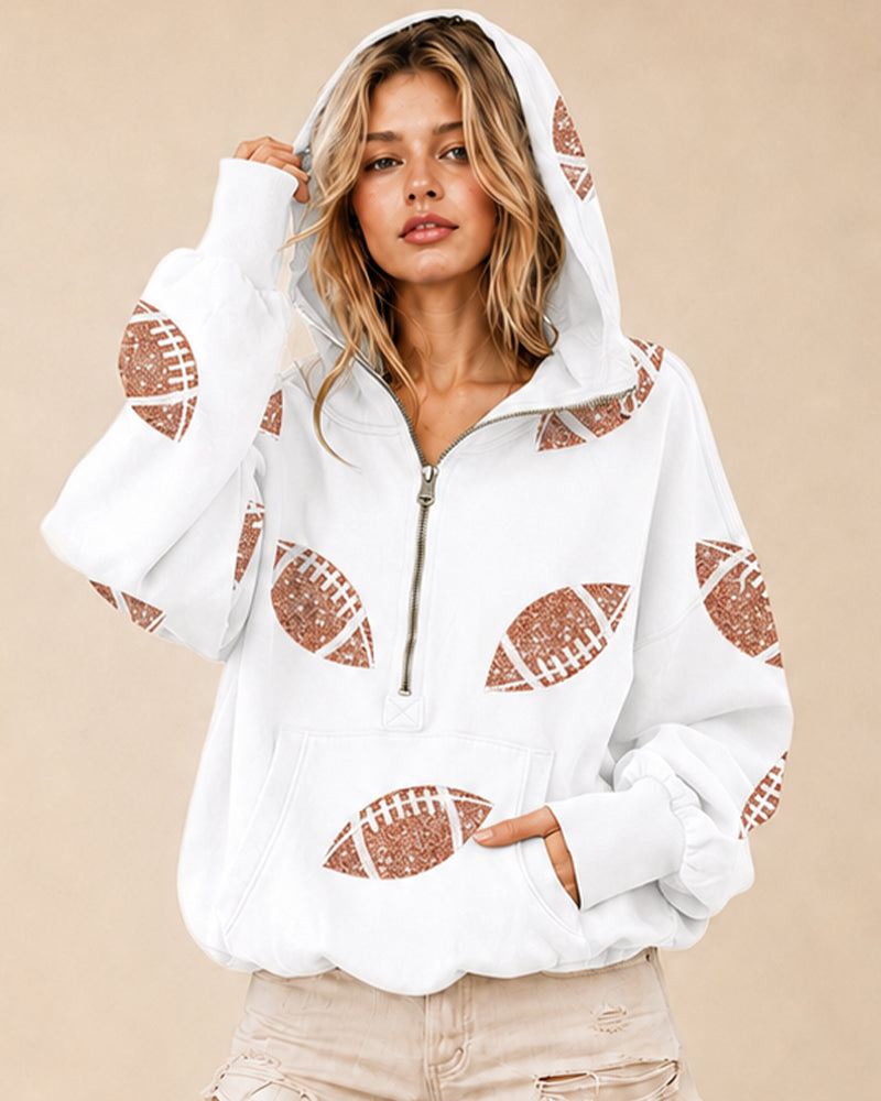 Oversized Sequin Football Half-Zip Game Day Hoodie