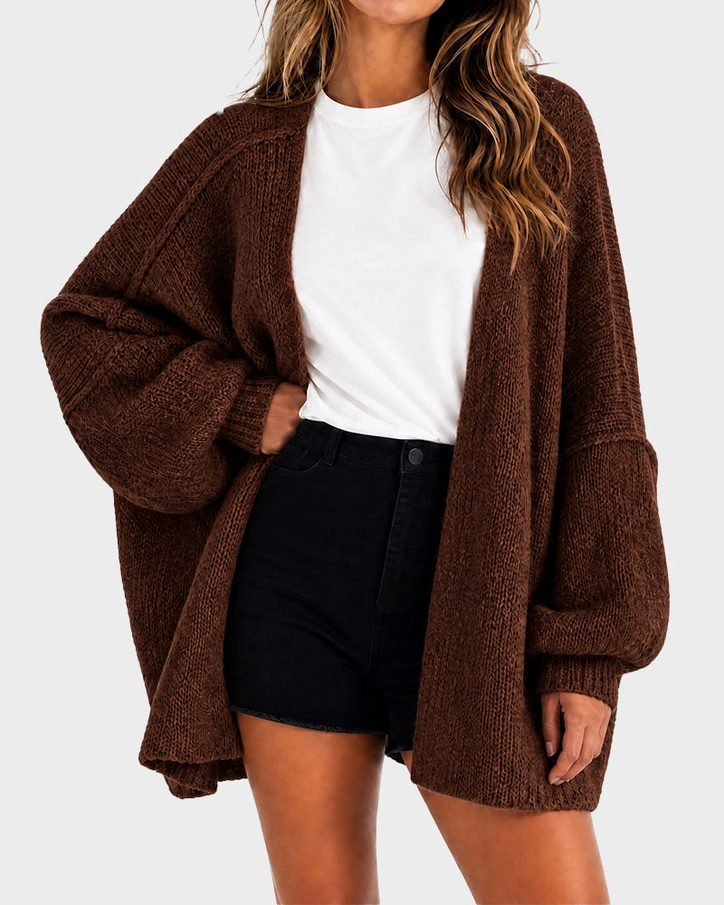 Oversized Lantern-Sleeve Open-Front Knit Cardigan