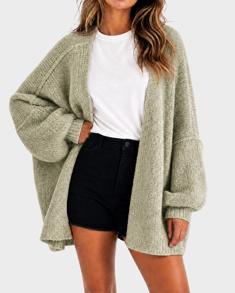 Oversized Lantern-Sleeve Open-Front Knit Cardigan