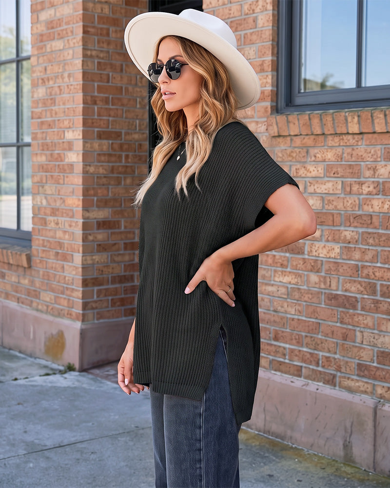 Oversized Ribbed Knit Side-Slit Sweater Top