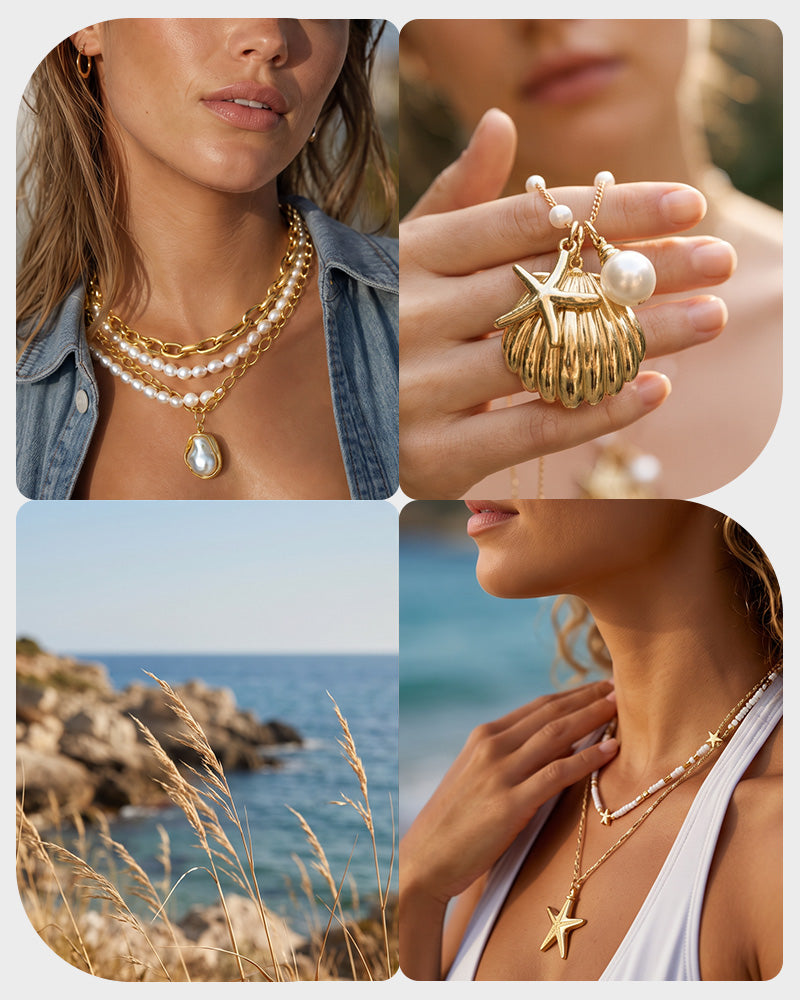 Pearl & Ocean Charm Stackable Necklace
