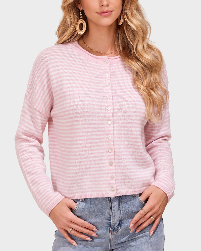Relaxed Striped Button-Front Knit Cardigan