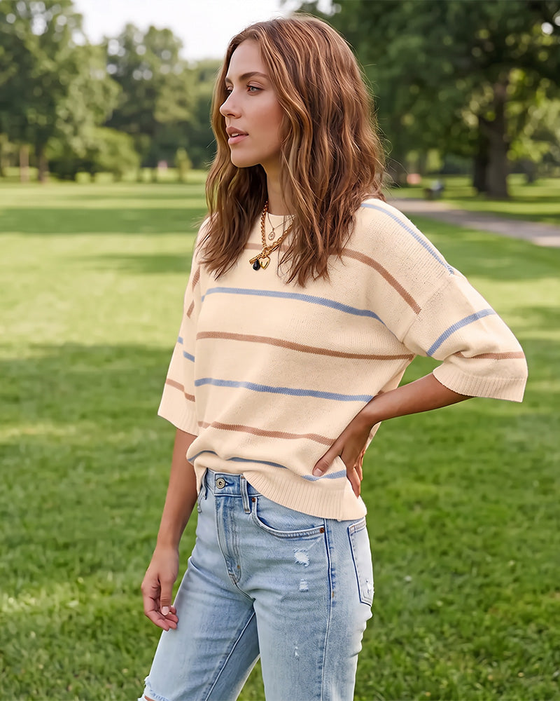 Relaxed Striped Crewneck Short-Sleeve Knit Pullover