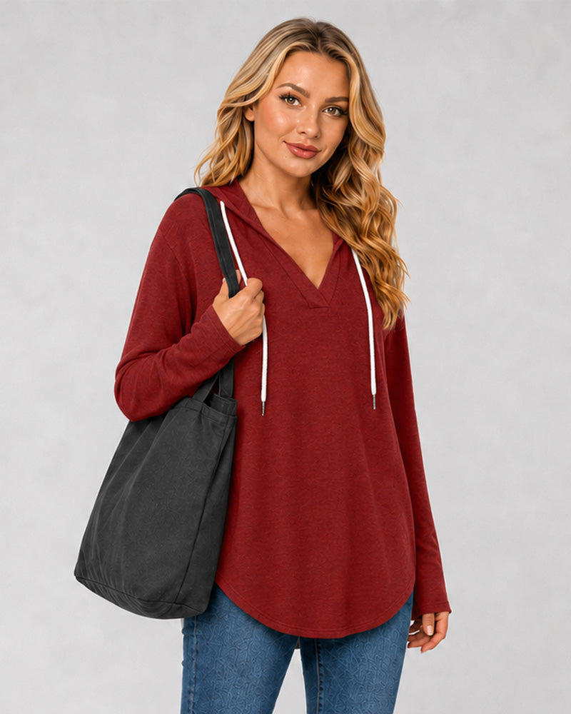 Relaxed V-Neck High-Low Tunic Hoodie