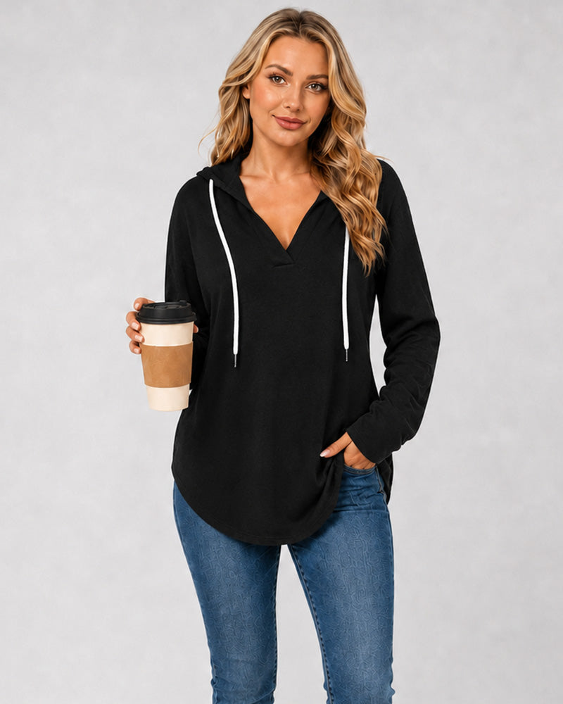 Relaxed V-Neck High-Low Tunic Hoodie