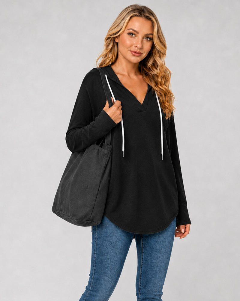 Relaxed V-Neck High-Low Tunic Hoodie