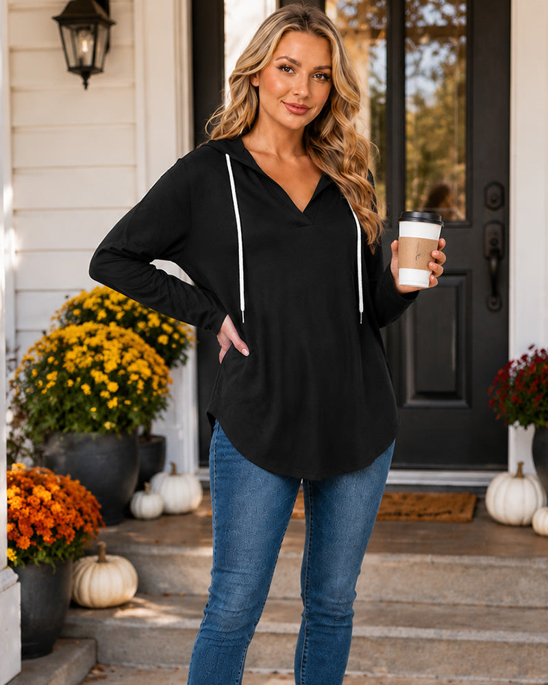 Relaxed V-Neck High-Low Tunic Hoodie