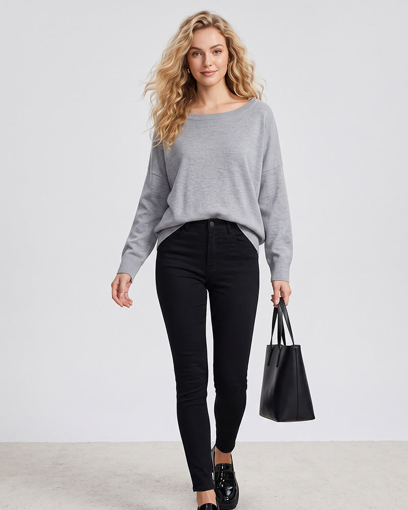 Relaxed Wide Scoop-Neck Drop-Shoulder Knit Sweater