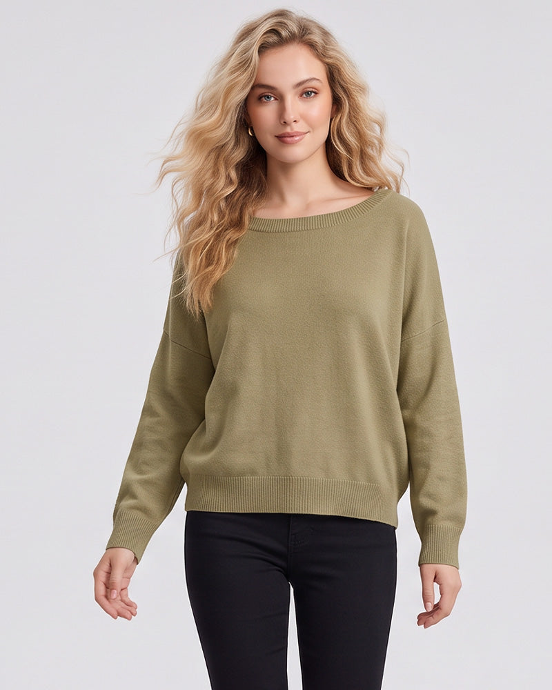 Relaxed Wide Scoop-Neck Drop-Shoulder Knit Sweater