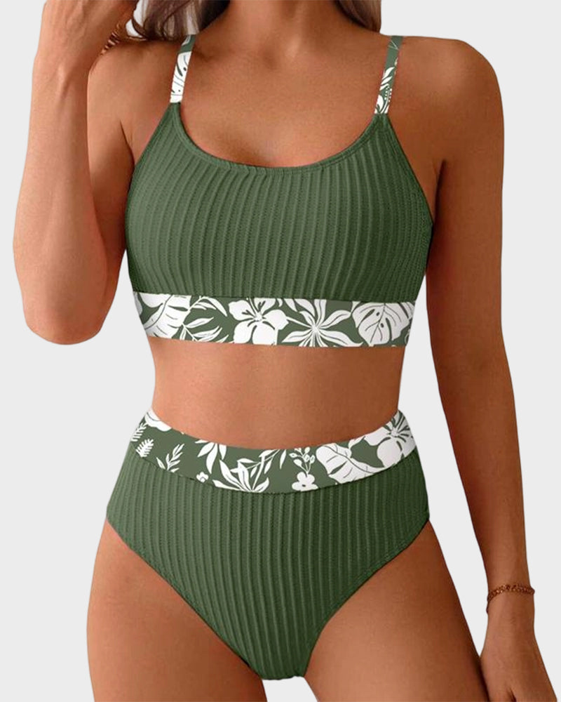 Ribbed High-Waisted Bikini Set with Floral Trim
