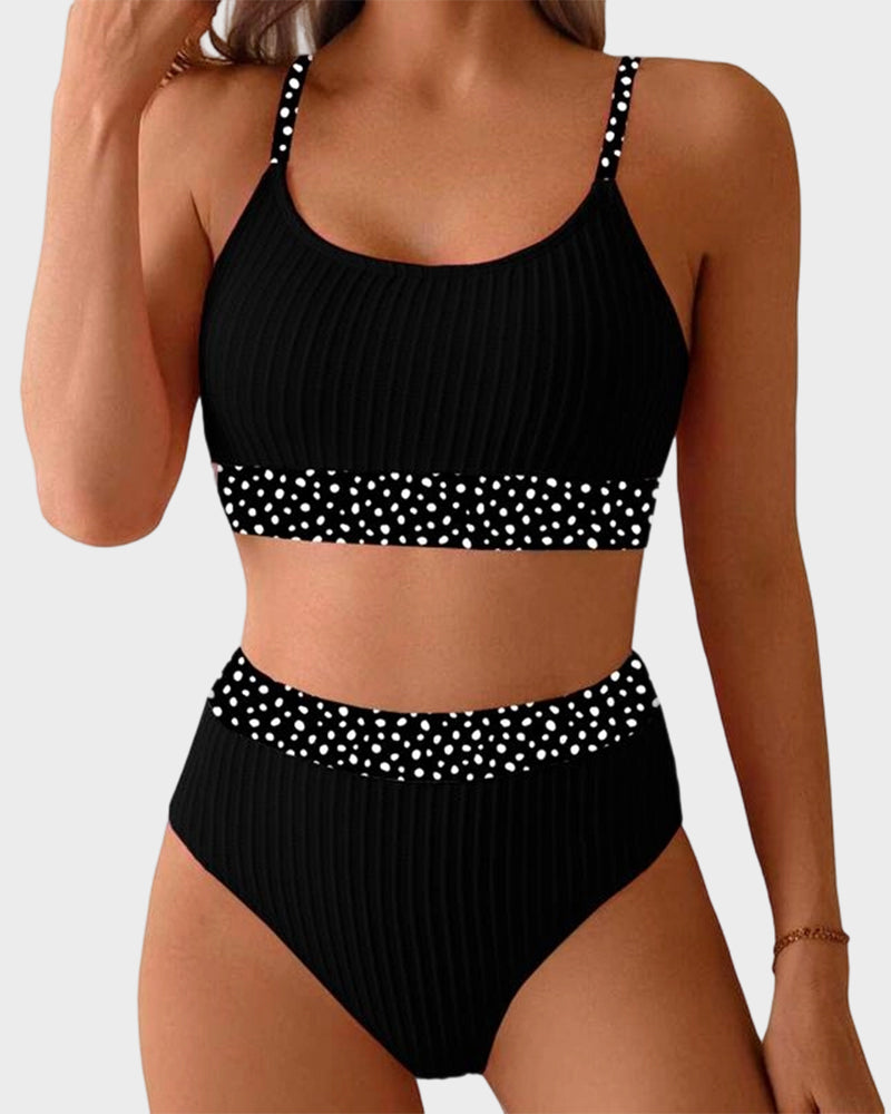 Ribbed High-Waisted Bikini Set with Floral Trim