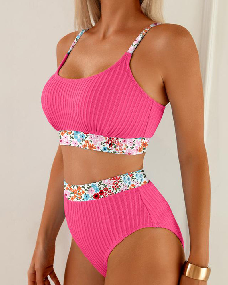 Ribbed High-Waisted Bikini Set with Floral Trim