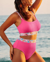 Ribbed High-Waisted Bikini Set with Floral Trim