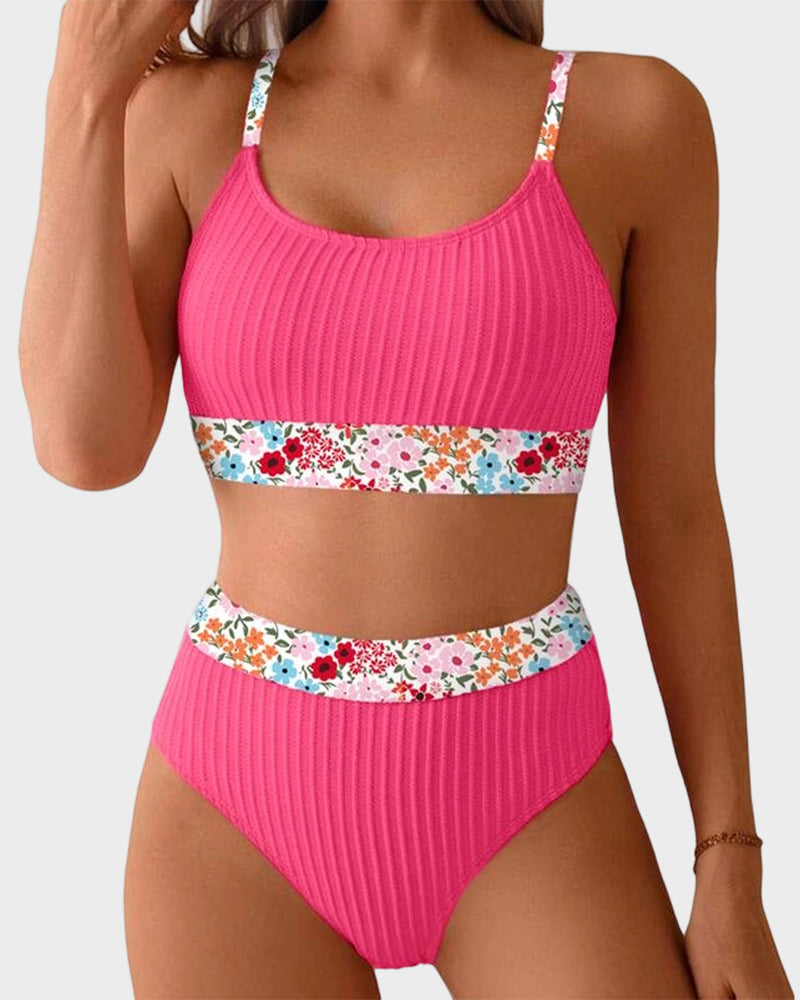 Ribbed High-Waisted Bikini Set with Floral Trim