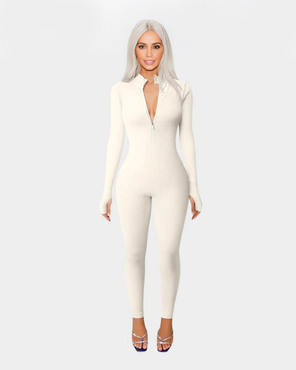 SheCurve® Ribbed Long Sleeve Front Zip Jumpsuit