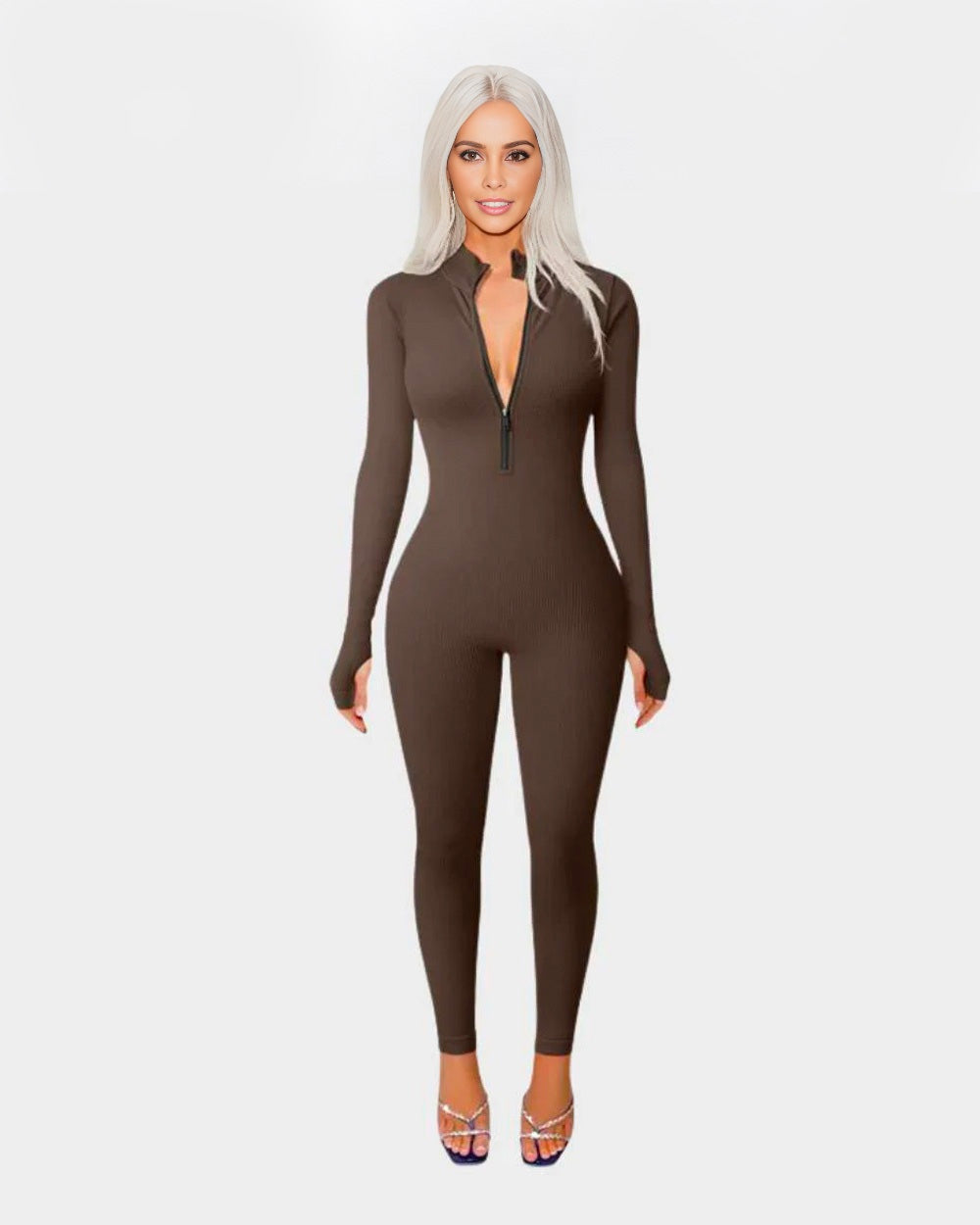 SheCurve® Ribbed Long Sleeve Front Zip Jumpsuit