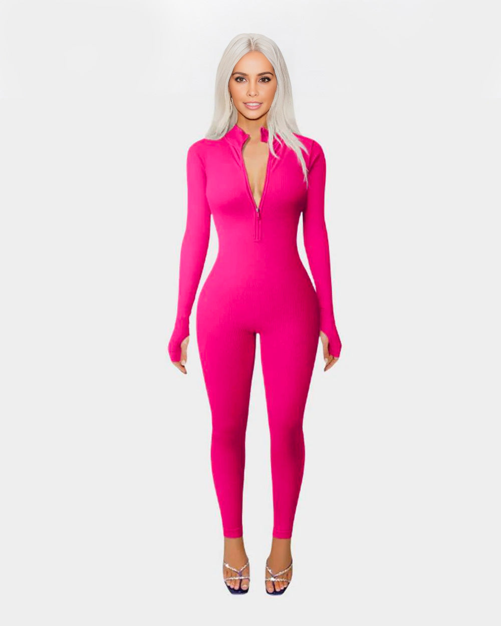 SheCurve® Ribbed Long Sleeve Front Zip Jumpsuit