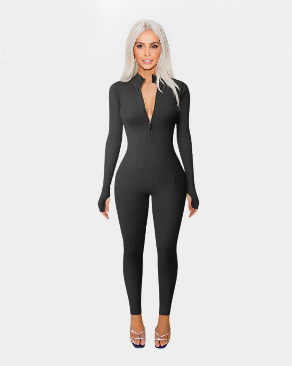 SheCurve® Ribbed Long Sleeve Front Zip Jumpsuit