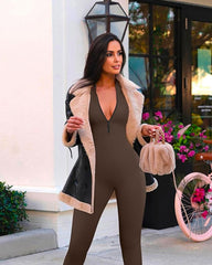 SheCurve® Ribbed Long Sleeve Front Zip Jumpsuit