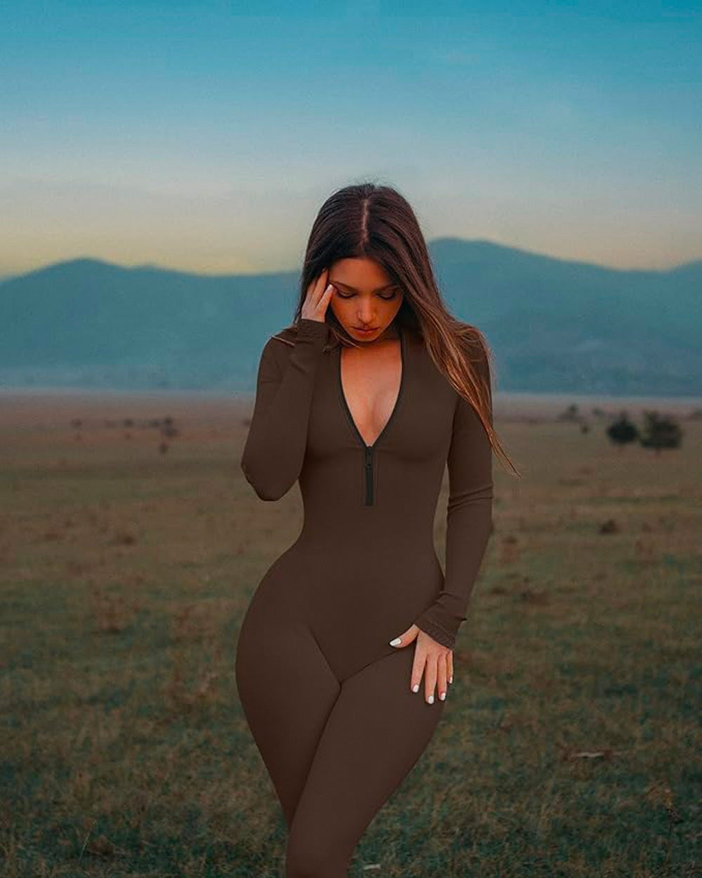 SheCurve® Ribbed Long Sleeve Front Zip Jumpsuit