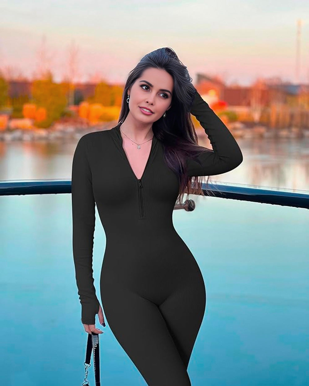 SheCurve® Ribbed Long Sleeve Front Zip Jumpsuit