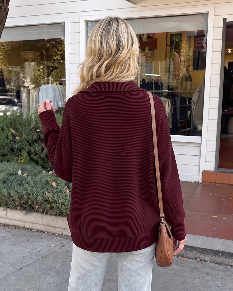 Ribbed Quarter-Zip Thumbhole Knit Pullover