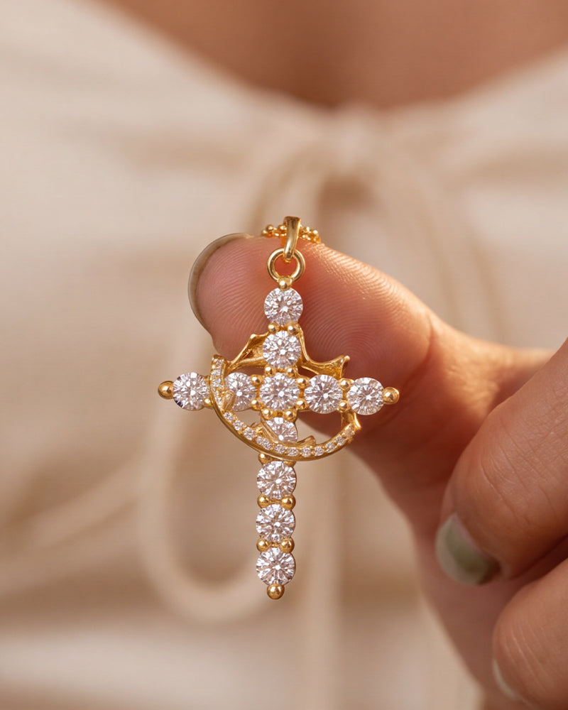 Rotating Crown Cross Pendant Necklace