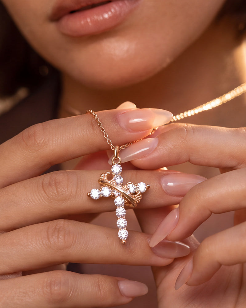 Rotating Crown Cross Pendant Necklace