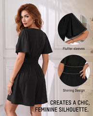 Ruched V-Neck Flutter-Sleeve Mini Dress