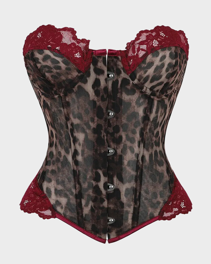 Sheer Mesh Lace-Trim Front-Hook Overbust Corset