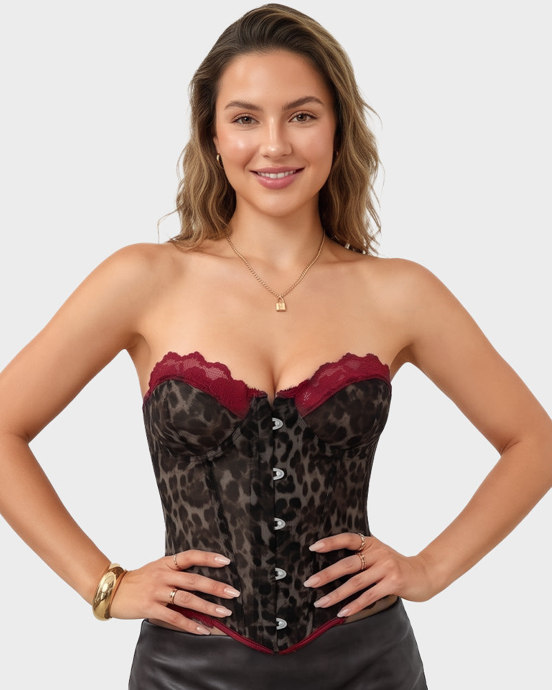 Sheer Mesh Lace-Trim Front-Hook Overbust Corset