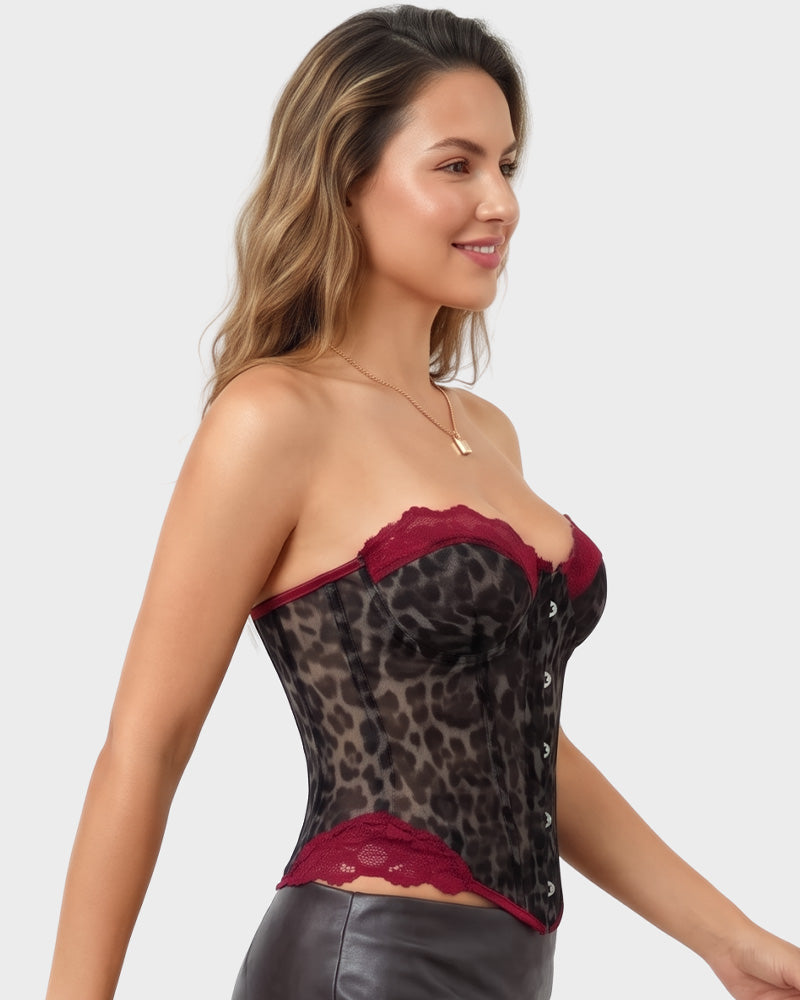 Sheer Mesh Lace-Trim Front-Hook Overbust Corset