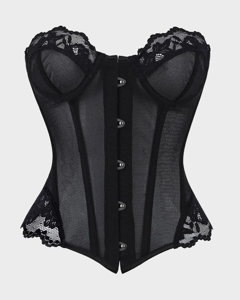 Sheer Mesh Lace-Trim Front-Hook Overbust Corset