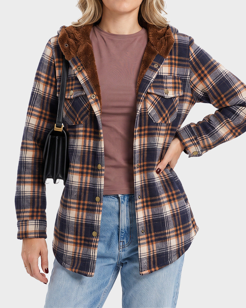 Sherpa-Lined Plaid Hooded Shacket