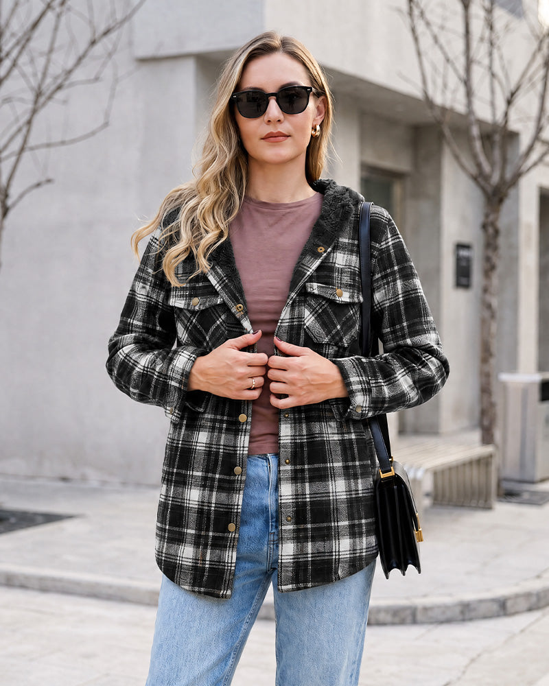Sherpa-Lined Plaid Hooded Shacket