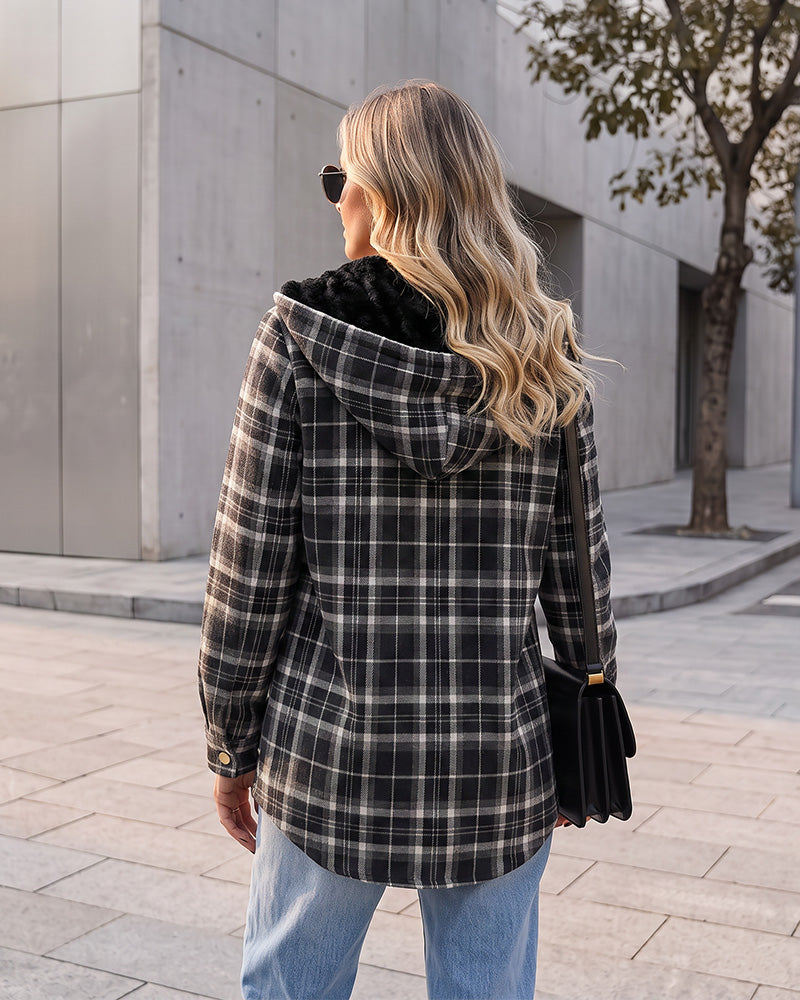 Sherpa-Lined Plaid Hooded Shacket