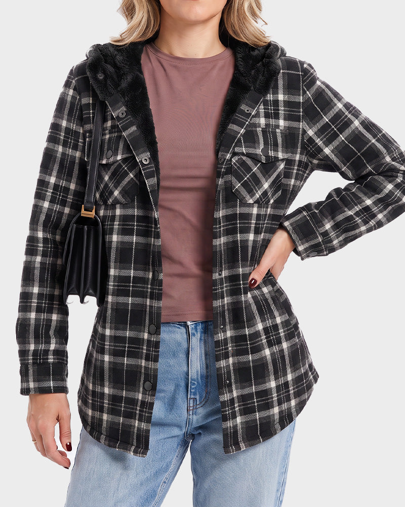 Sherpa-Lined Plaid Hooded Shacket