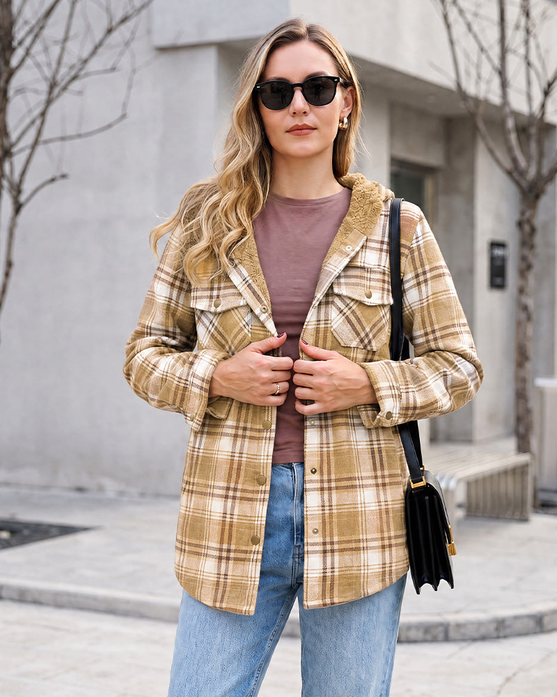 Sherpa-Lined Plaid Hooded Shacket