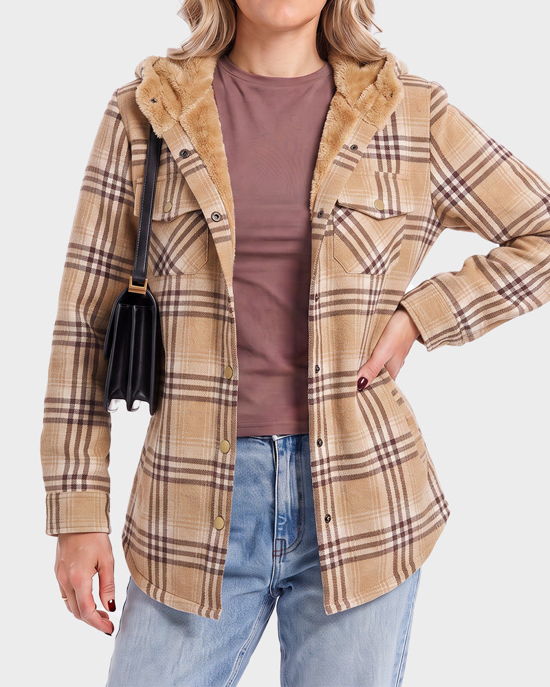 Sherpa-Lined Plaid Hooded Shacket