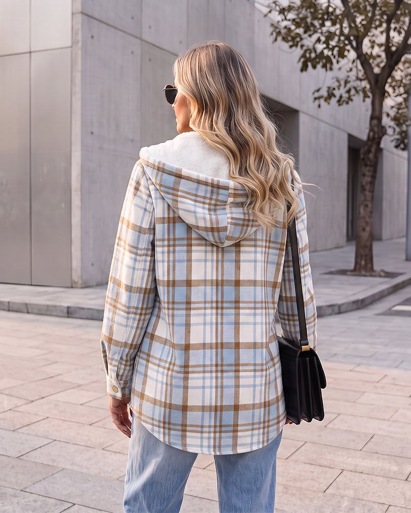 Sherpa-Lined Plaid Hooded Shacket