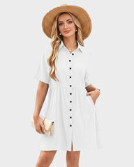 Short-Sleeve Button-Down Tiered Mini Shirt Dress