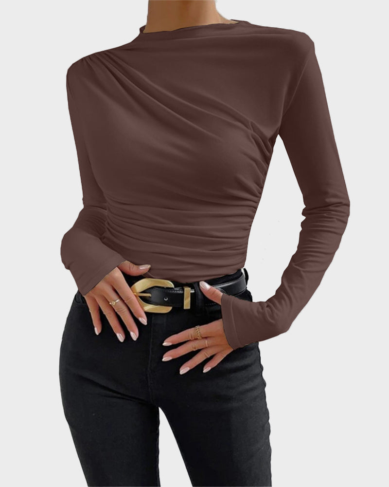 Slim Fit Ruched High-Neck T-Shirt Top