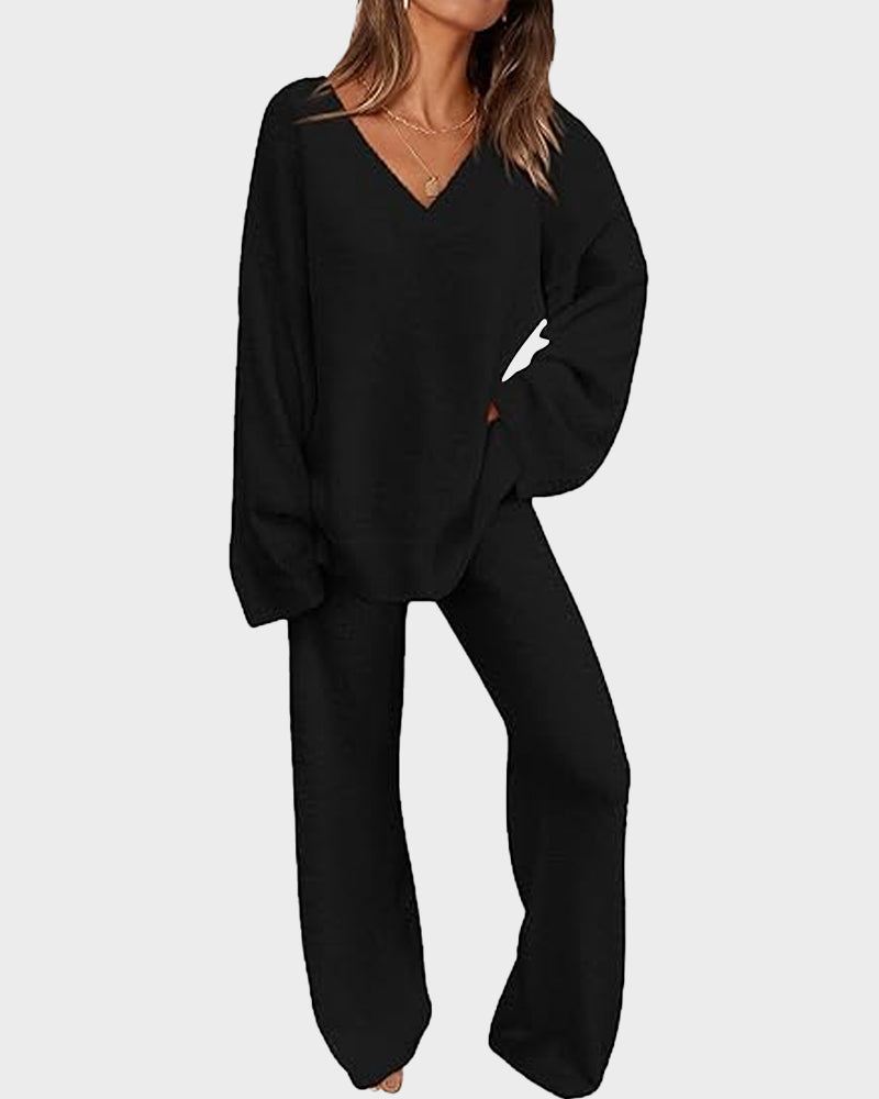Soft Fuzzy V-Neck Loungewear Set