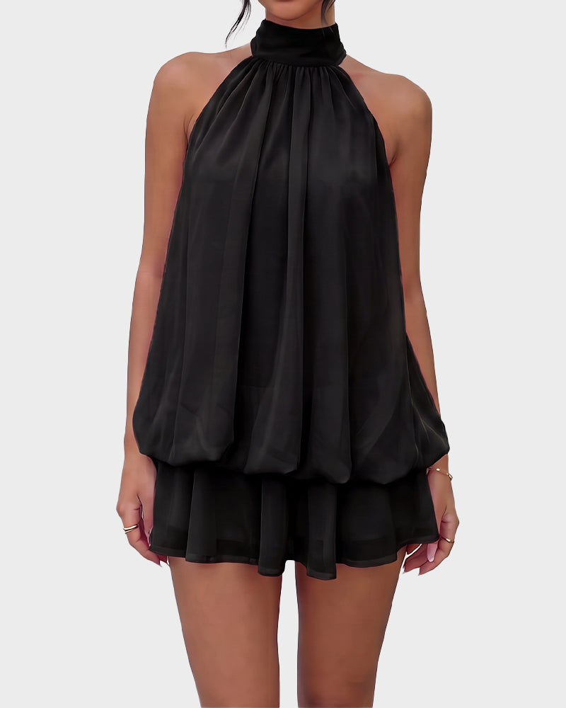 Solid Backless Halter Ruffle Dress