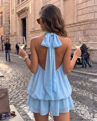 Solid Backless Halter Ruffle Dress
